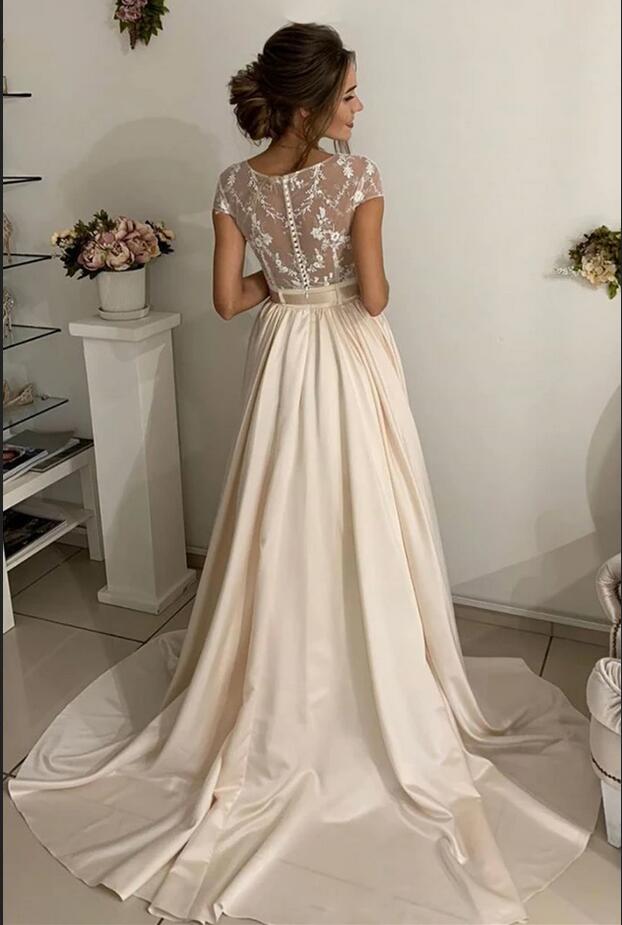 Short Sleeves Long Wedding Dress With Appliques