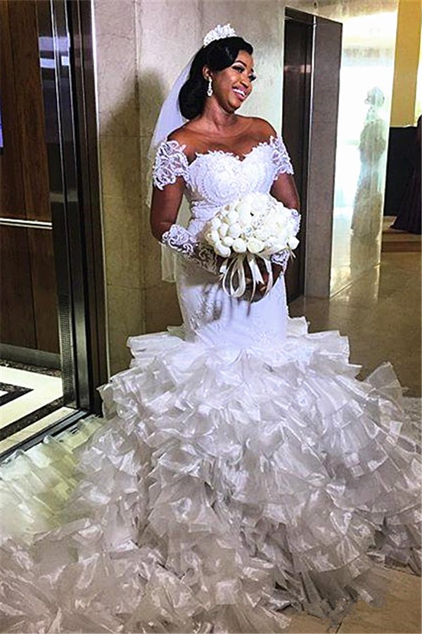 Short sleeves Off the shoulder White Mermaid Wedding Dresses with Ruffles Train