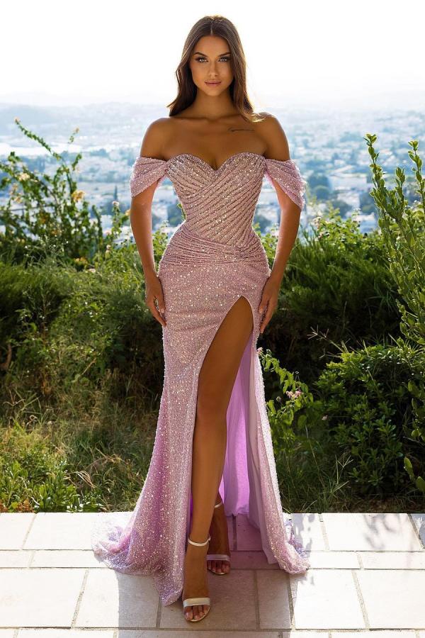 Short Sleeves Sequins Pink Prom Dress Mermaid Off-the-Shoulder