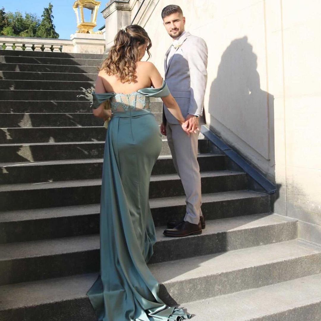 Silver Grey Off-the-Shoulder Prom Dress Split With Appliques