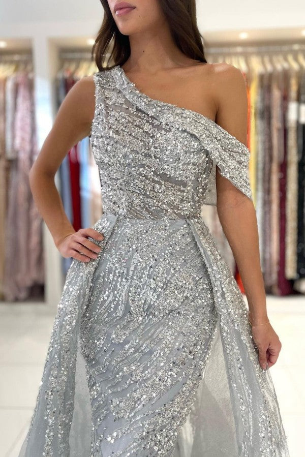 Silver Grey One Shoulder Prom Dress Overskirt With Sequins Beadings