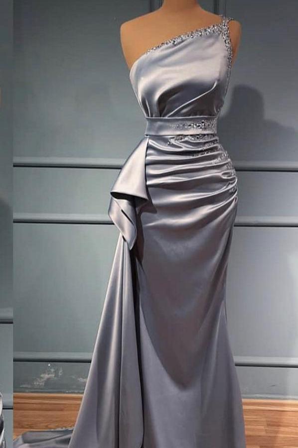 Silver One Shoulder Mermaid Prom Dress Long With Beads