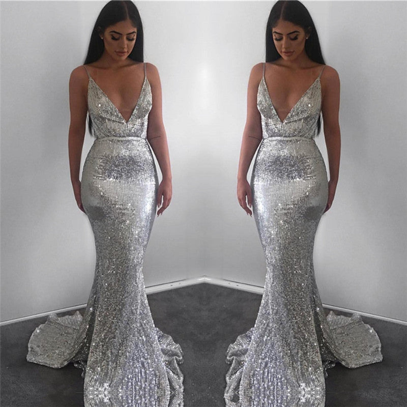 Silver Sequins Mermaid Prom Dress Sleeveless Spaghetti-Straps