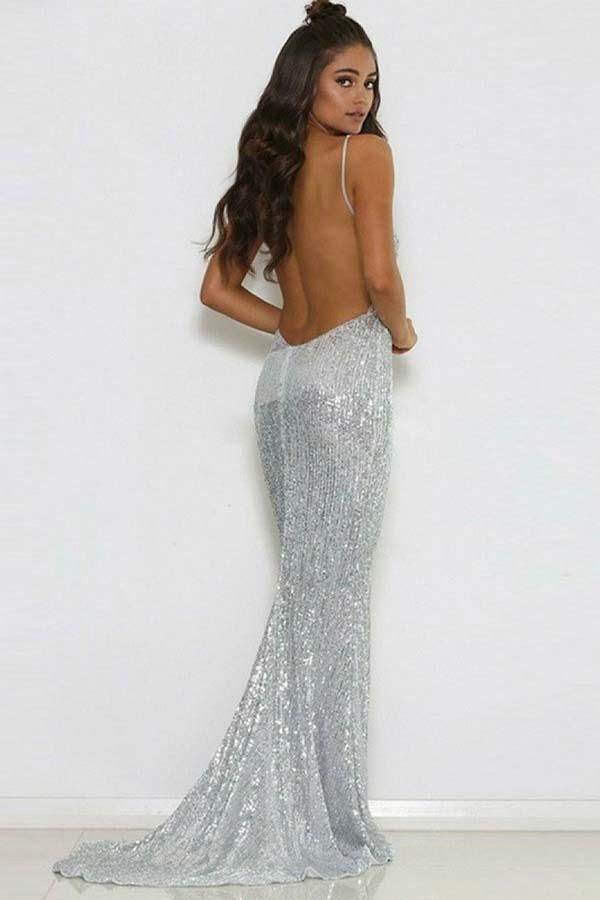 Silver Sequins Mermaid Prom Dress Sleeveless Spaghetti-Straps