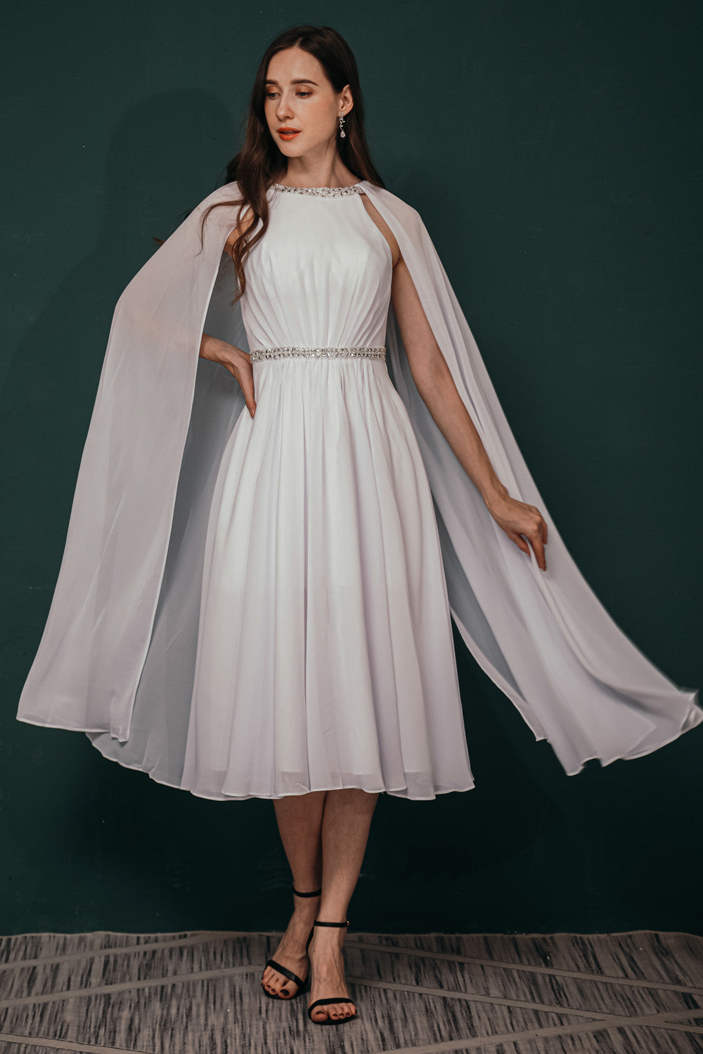 Simple Beaded White Chiffon Summer Wedding Dress with Cape