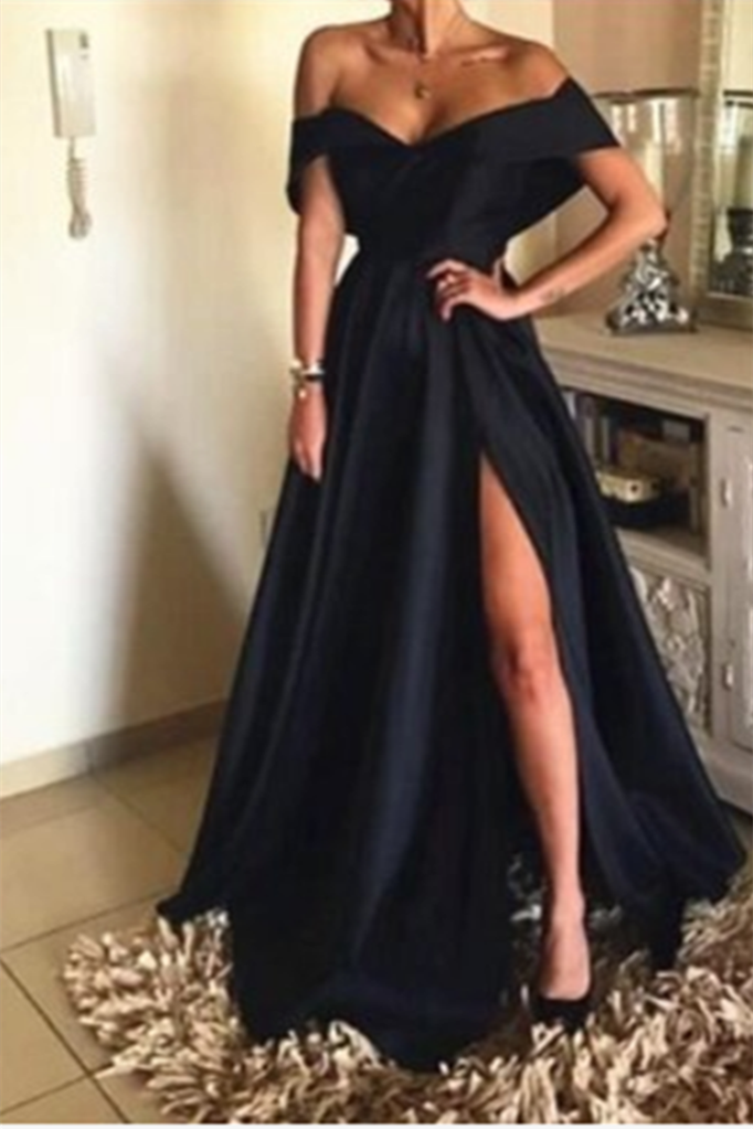 Simple Black Off-the-Shoulder Long A-line Prom Dress With Slit