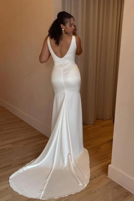 Simple Long White Mermaid Satin Wedding Dress with Sleeveless Design and Slit