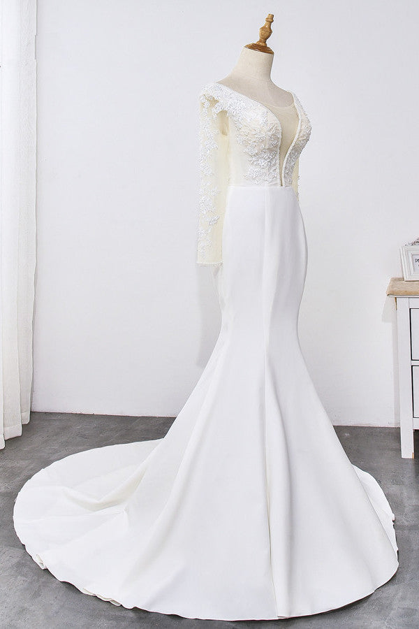 Simple Satin Mermaid Jewel Wedding Dress Tulle Lace Long Sleeves Bridal Gowns On Sale