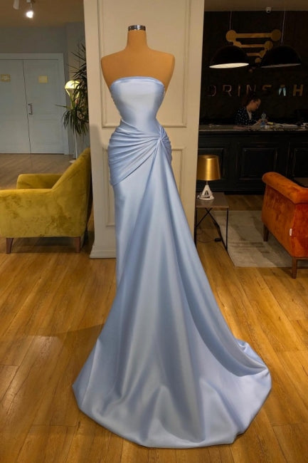 Sleek Strapless Mermaid Evening Gowns Long Navy Blue Simple Prom Dresses