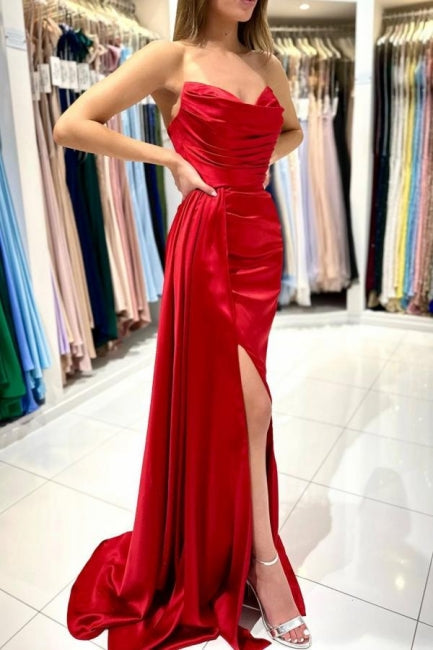 Simple Sweetheart Sleeveless Mermaid Satin Prom Dress with Split Front