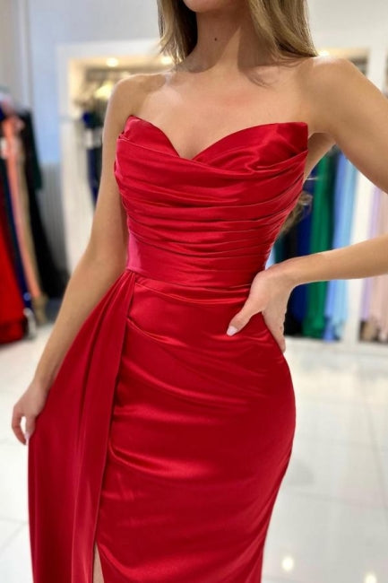 Simple Sweetheart Sleeveless Mermaid Satin Prom Dress with Split Front