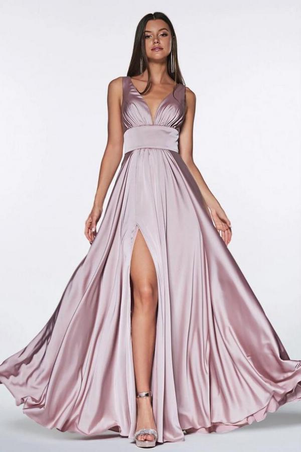 Simple V-neck Long Evening Dresses With Side Slit