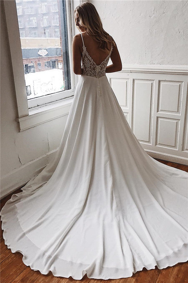 Simple V-Neck Sleeveless Chiffon Wedding Dress