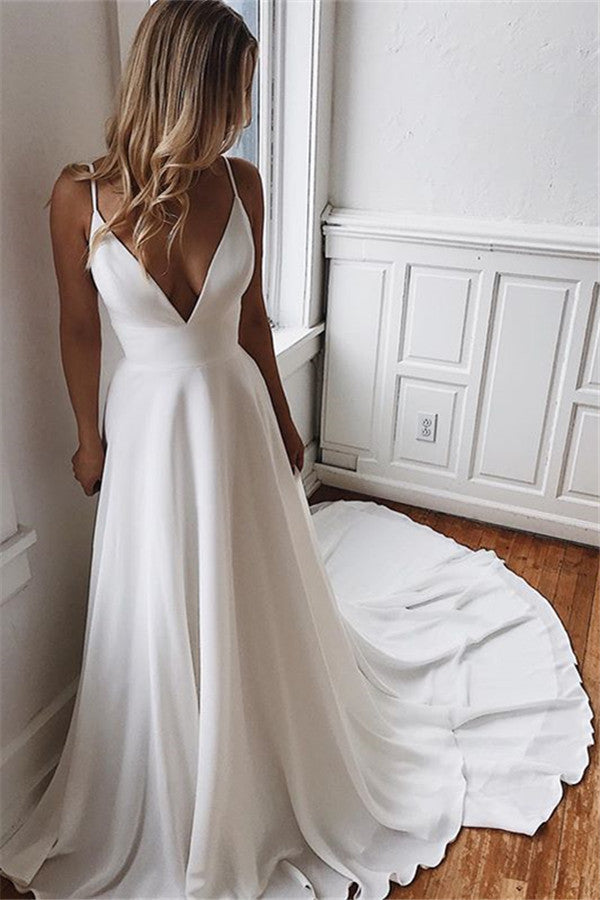 Simple V-Neck Sleeveless Chiffon Wedding Dress