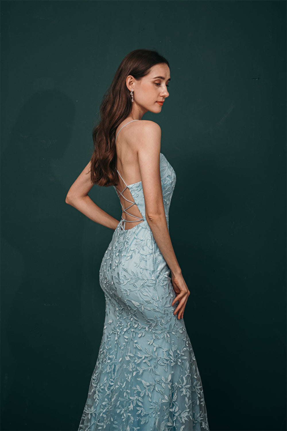 Sky blue Lace Criss-cross back Mermaid Prom Dress