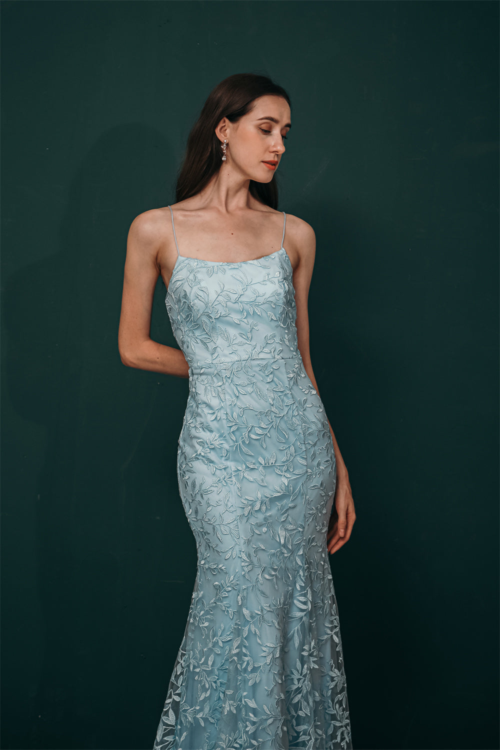 Sky blue Lace Criss-cross back Mermaid Prom Dress