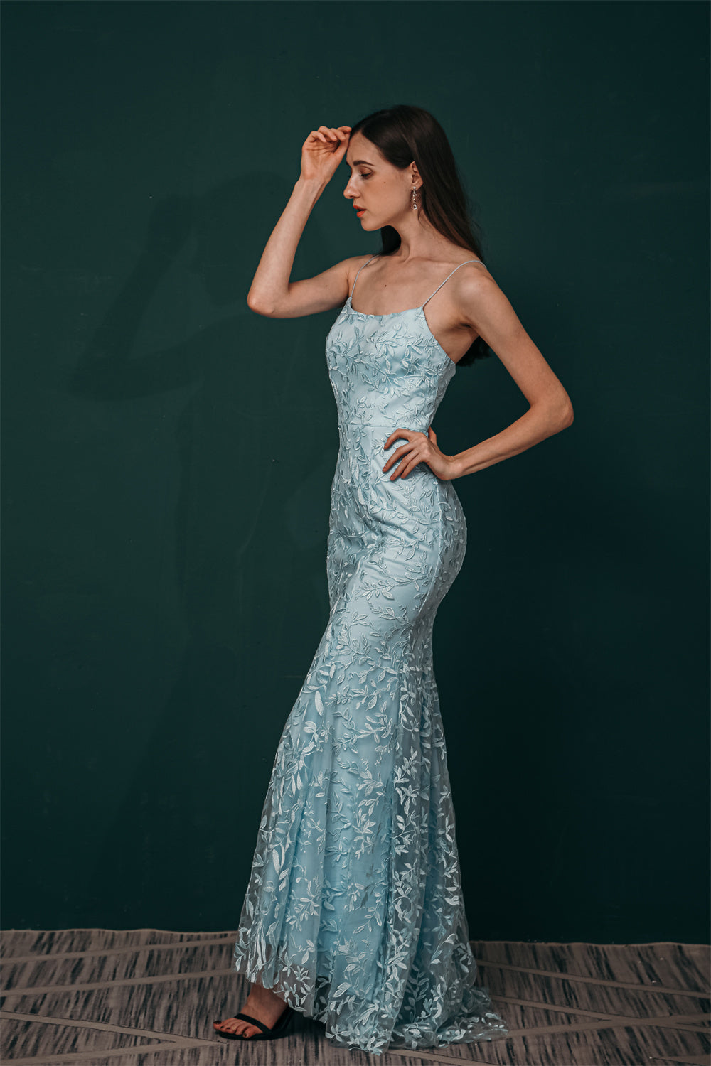 Sky blue Lace Criss-cross back Mermaid Prom Dress