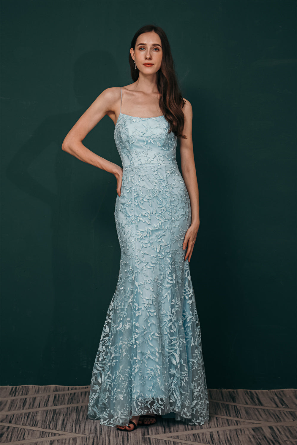 Sky blue Lace Criss-cross back Mermaid Prom Dress