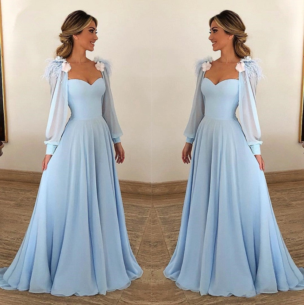 Sky Blue Long Sleeves Prom Dress Long Chiffon Sweetheart