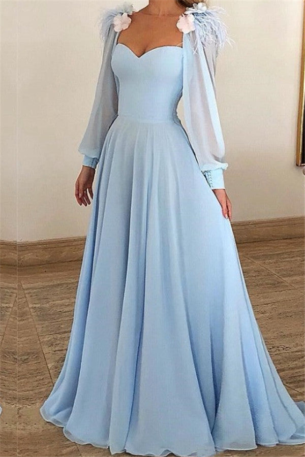 Sky Blue Long Sleeves Prom Dress Long Chiffon Sweetheart