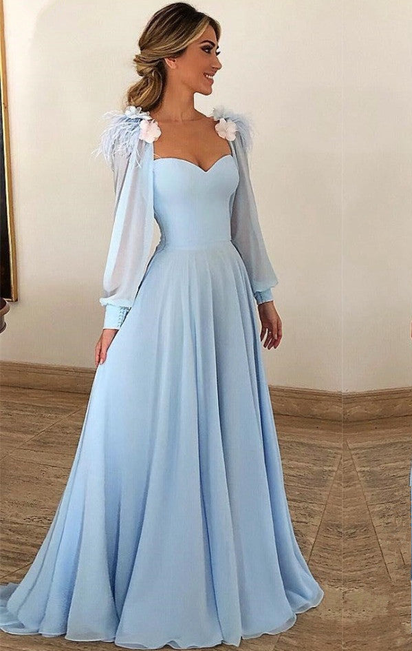 Sky Blue Long Sleeves Prom Dress Long Chiffon Sweetheart