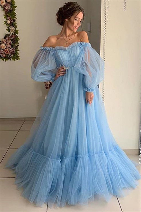 Sky Blue Long Sleeves Prom Dress Mermaid Tulle Evening Gowns