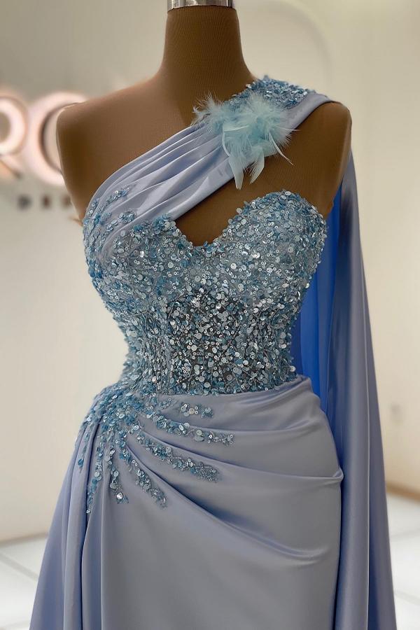 Sky Blue Mermaid Prom Dress Long One Shoulder With Ruffle