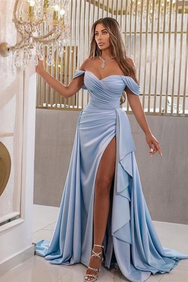 Sky Blue Off-the-Shoulder Prom Dress Mermaid Long Slit Pleats