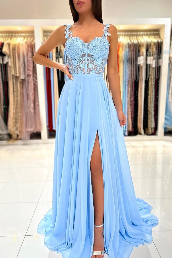 Sky Blue Sleeveless Long Prom Dress Slit Sleeveless With Appliques