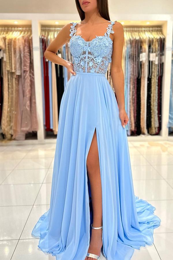 Sky Blue Sleeveless Long Prom Dress Slit Sleeveless With Appliques