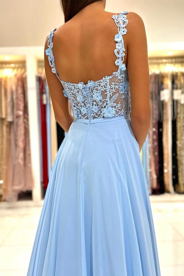 Sky Blue Sleeveless Long Prom Dress Slit Sleeveless With Appliques