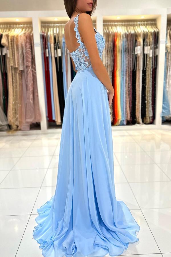 Sky Blue Sleeveless Long Prom Dress Slit Sleeveless With Appliques