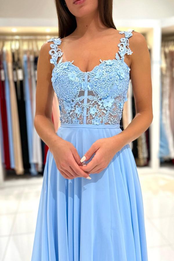 Sky Blue Sleeveless Long Prom Dress Slit Sleeveless With Appliques