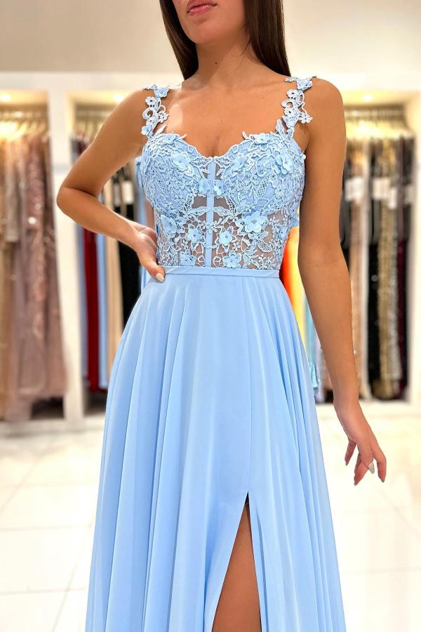 Sky Blue Sleeveless Long Prom Dress Slit Sleeveless With Appliques