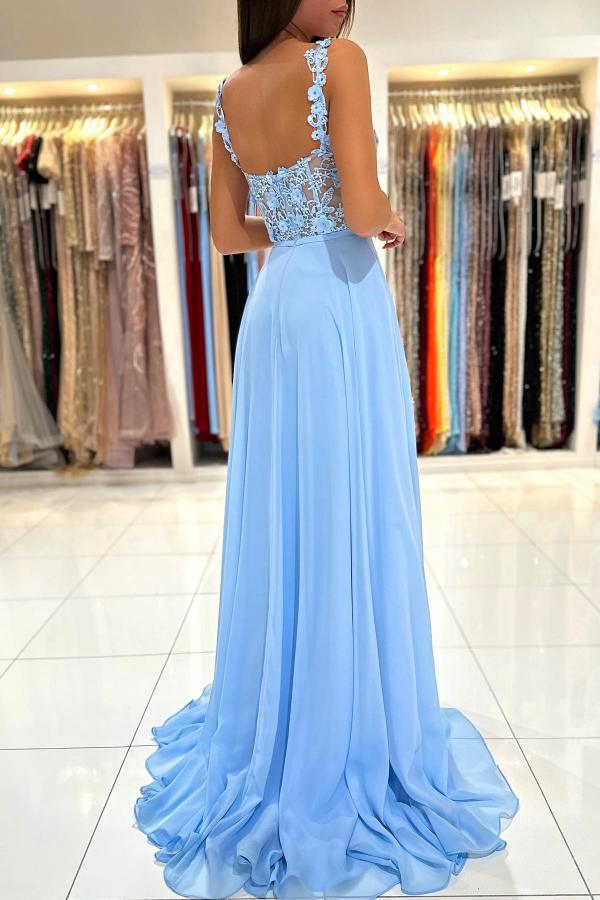 Sky Blue Sleeveless Long Prom Dress Slit Sleeveless With Appliques