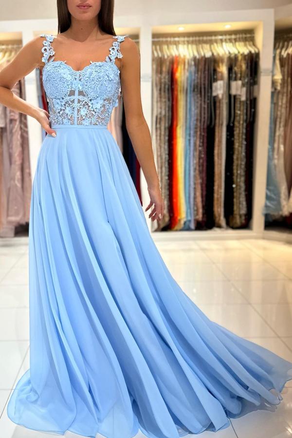 Sky Blue Sleeveless Long Prom Dress Slit Sleeveless With Appliques