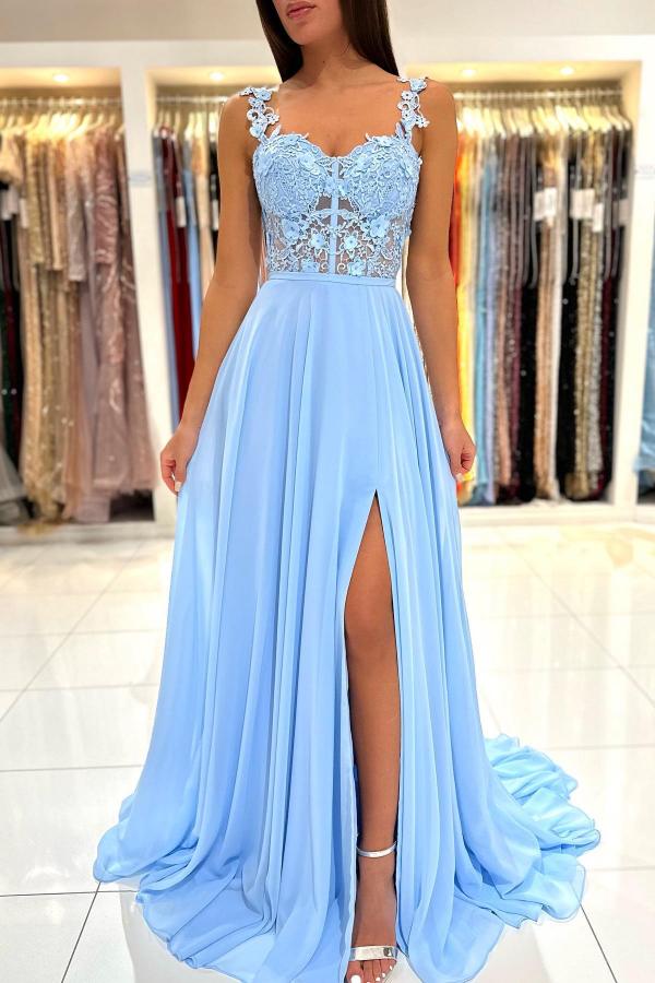 Sky Blue Sleeveless Long Prom Dress Slit Sleeveless With Appliques