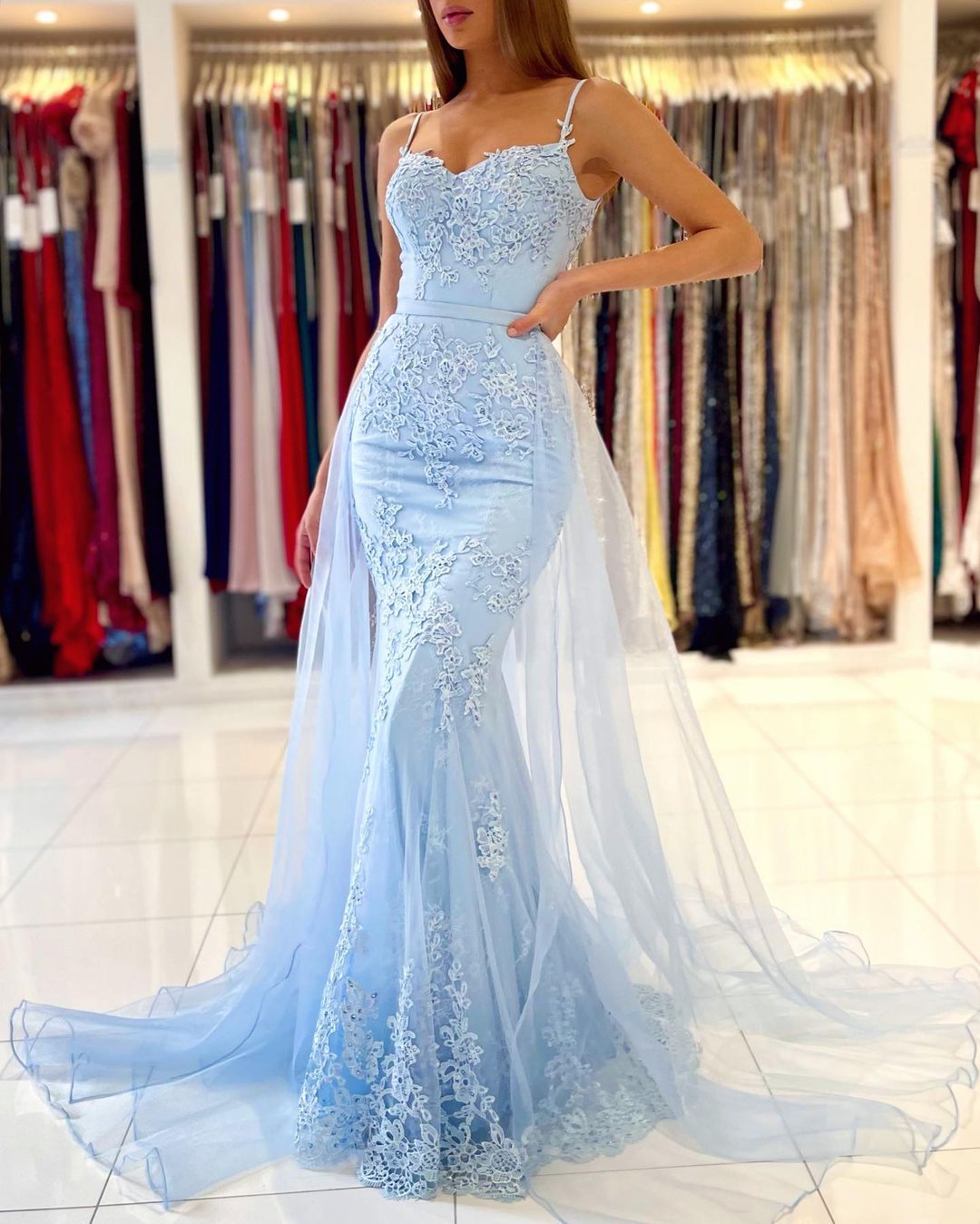 Sky Blue Spaghetti-Straps Prom Dress Mermaid With Lace Appliques