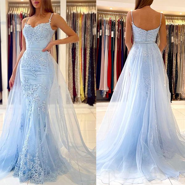 Sky Blue Spaghetti-Straps Prom Dress Mermaid With Lace Appliques