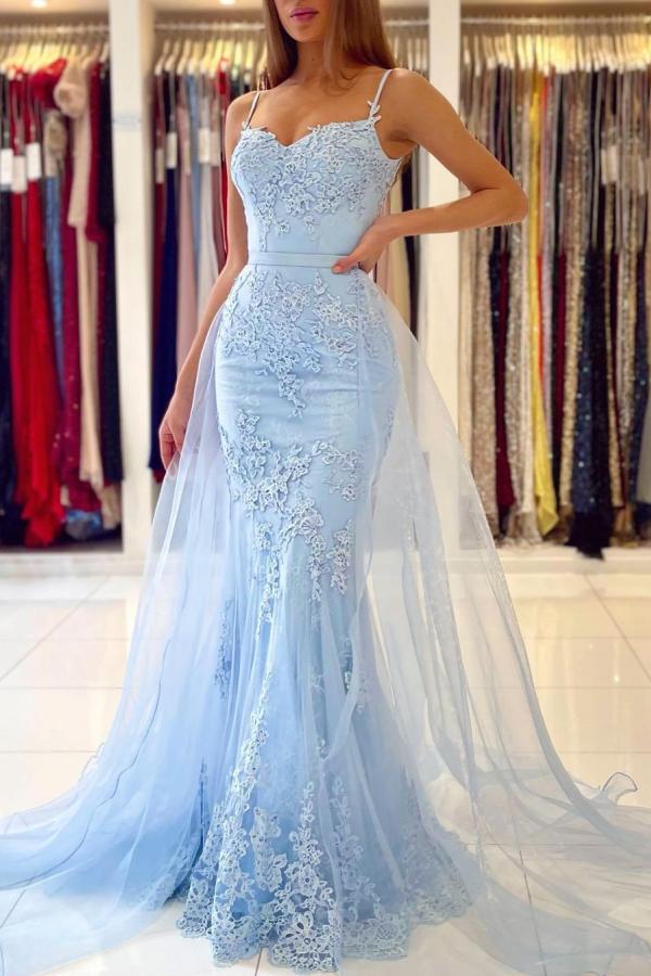 Sky Blue Spaghetti-Straps Prom Dress Mermaid With Lace Appliques