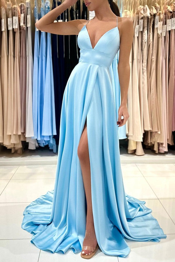 Sky Blue Spaghetti-Straps Prom Dress Split Long On Sale