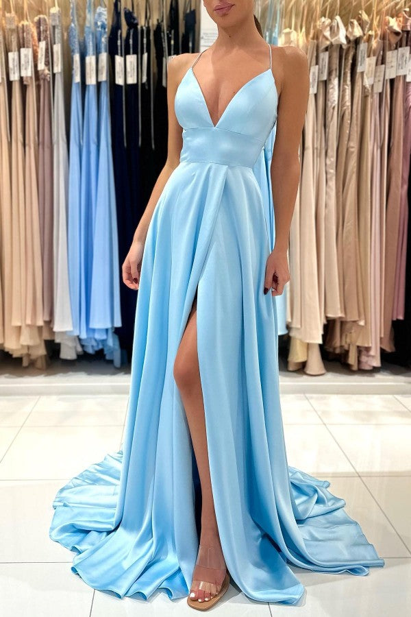 Sky Blue Spaghetti-Straps Prom Dress Split Long On Sale