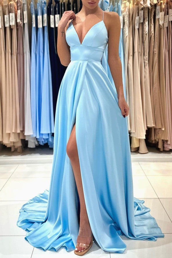 Sky Blue Spaghetti-Straps Prom Dress Split Long On Sale