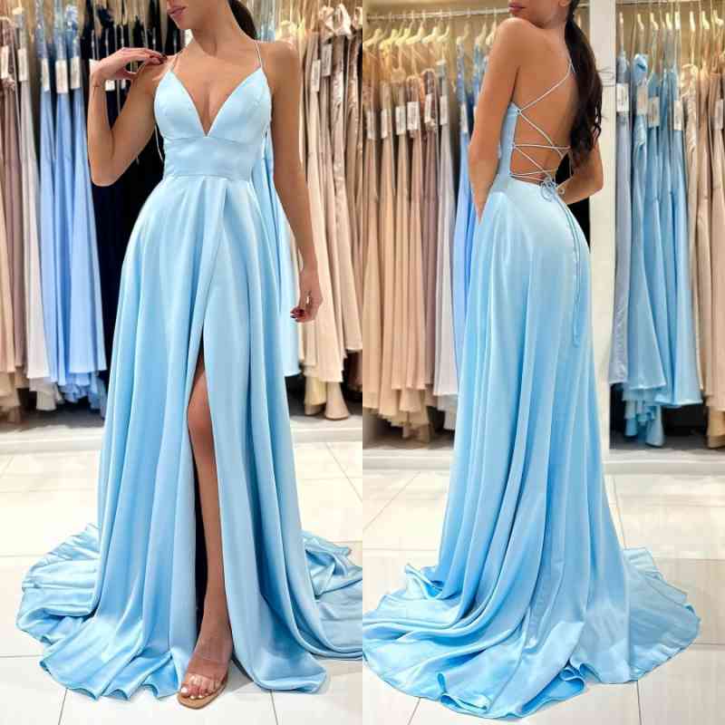 Sky Blue Spaghetti-Straps Prom Dress Split Long On Sale