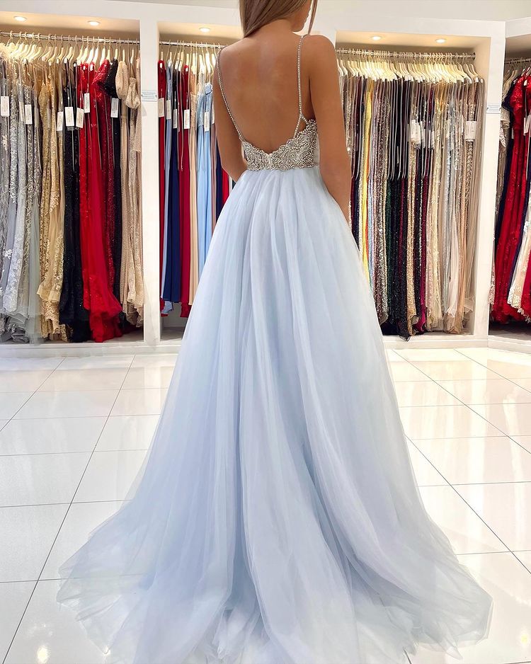 Sky Blue Spaghetti-Straps Prom Dress Tulle Long With Beadings