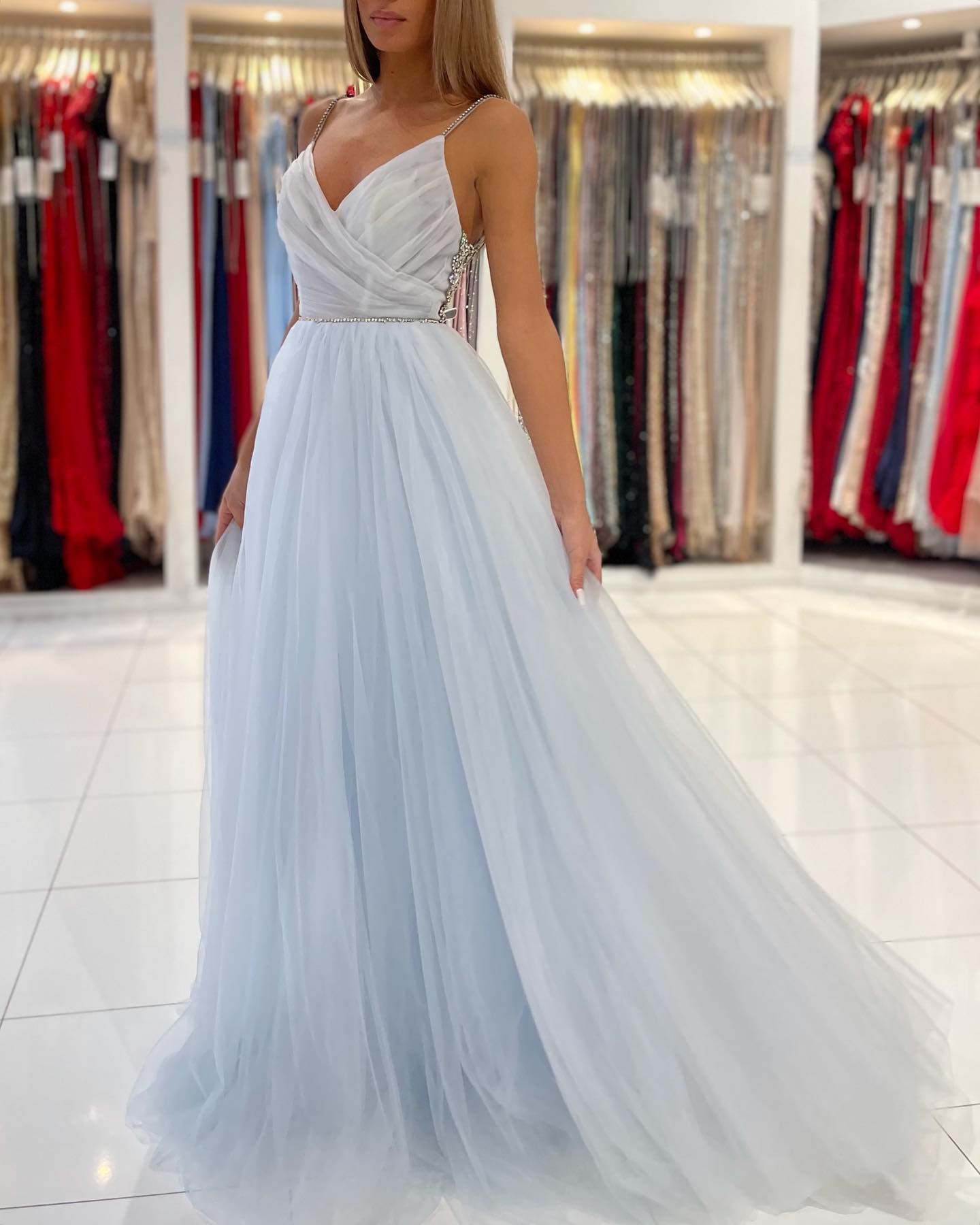 Sky Blue Spaghetti-Straps Prom Dress Tulle Long With Beadings