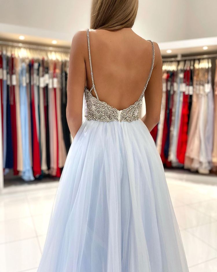 Sky Blue Spaghetti-Straps Prom Dress Tulle Long With Beadings