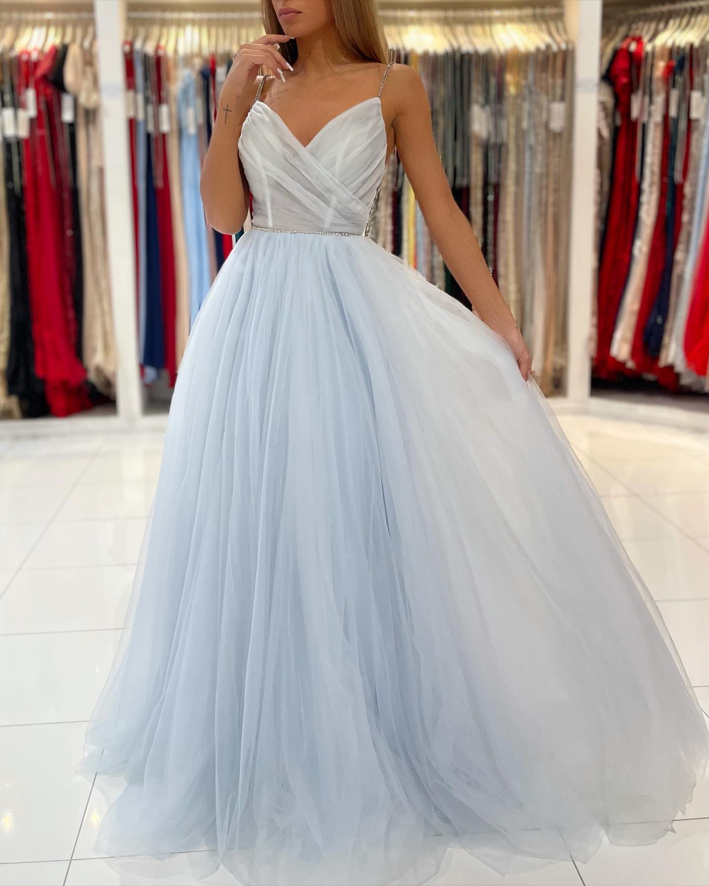 Sky Blue Spaghetti-Straps Prom Dress Tulle Long With Beadings