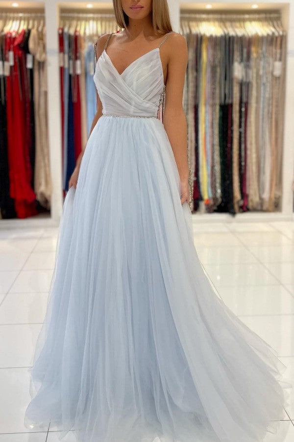 Sky Blue Spaghetti-Straps Prom Dress Tulle Long With Beadings