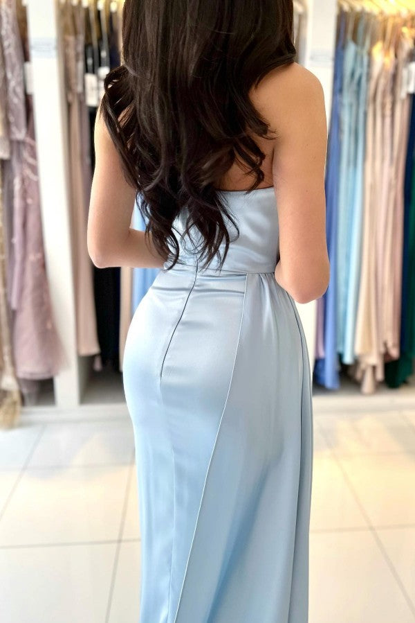 Sky Blue Strapless Pleat Prom Dress Mermaid With Slit Ruffles